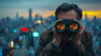 A businessman searches for opportunities through binoculars while looking at the cityscape. Generative AI.