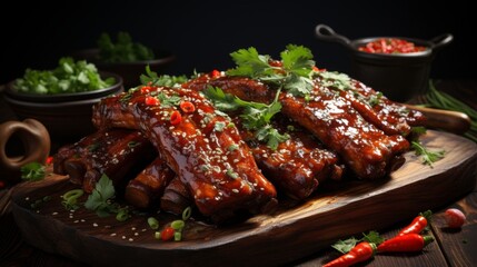 Delicious barbecue ribs with spicy sauce and fresh herbs