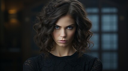 Fototapeta premium Intense gaze of a mysterious woman with dark curly hair