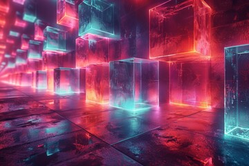 Abstract neon-lit blocks projecting an aura of mystery and futuristic technology in a surreal environment