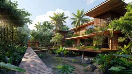 A tropical garden with a wooden walkway leading to a house. The house is surrounded by trees and has a lot of greenery