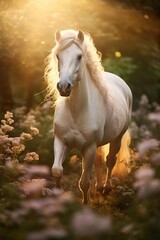 Obraz premium Majestic white horse in golden sunset