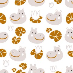 Cute hippos with water lilies. Cartoon nursery print in neutral colours, seamless pattern illustration for kids