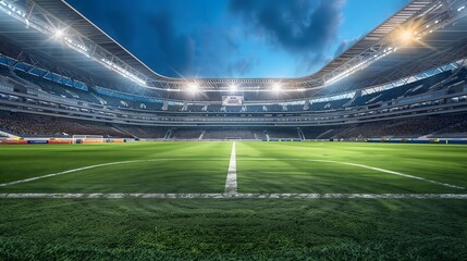 Twilight Over an Empty Stadium Awaiting an Evening Soccer Match. AI.