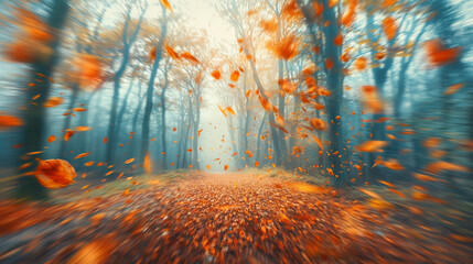 A forest with leaves falling and a blurry background