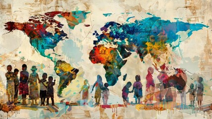 A colorful painting of a group of people standing in front of a world map. The painting conveys a sense of unity and diversity among people from different parts of the world