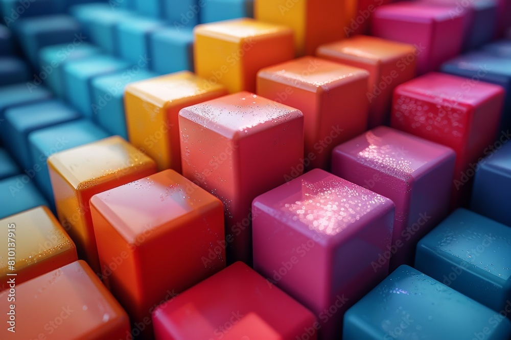 Poster an array of colorful 3d cubes, each with a unique water droplet texture, creating a visually stunnin