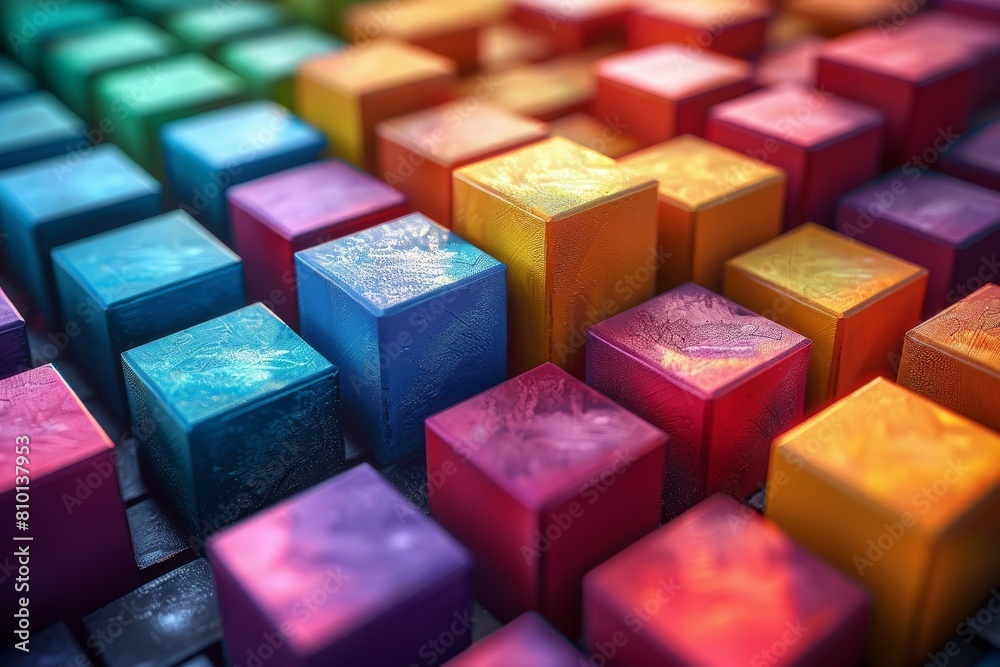 Poster a close-up of multi-colored 3d blocks with water droplets adding texture and depth to the image