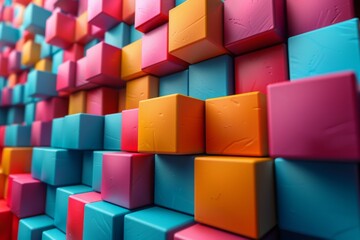 Fototapeta premium An engaging visual of a wall of 3D blocks in a pattern of protruding colorful squares