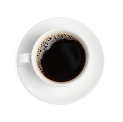 Aromatic coffee in cup isolated on white, top view