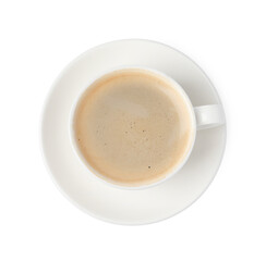 Aromatic coffee in cup isolated on white, top view