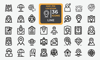 Set of 36 line icons related to Map, Pin, Location, Address. Outline icon collection. Editable stroke. Vector illustration