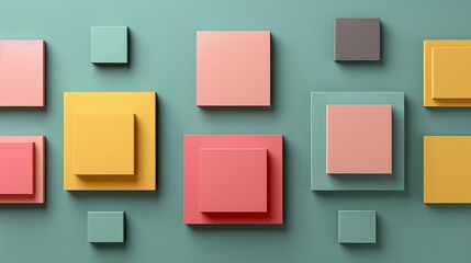   A collection of varied-hued squares and rectangles against a backdrop of green and blue, featuring pink and yellow rectangles