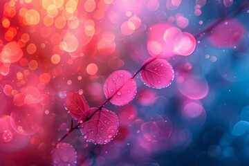 A close-up of water droplets resting on vibrantly colored red leaves against a mesmerizing bokeh light effect background - Powered by Adobe