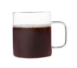 Aromatic coffee in glass mug isolated on white