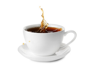 Cup with splashing coffee isolated on white
