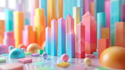 A colorful cityscape with buildings of different colors and sizes. The buildings are made of blocks and spheres, and the city is full of life and energy