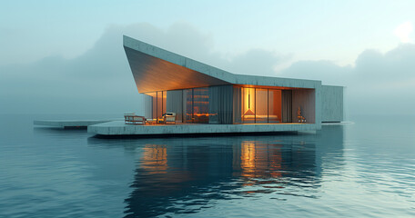 Fototapeta premium Minimalist Waterfront Retreat: Modern Architecture in a Misty Lakeside Setting