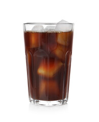 Tasty coffee with ice cubes in glass isolated on white
