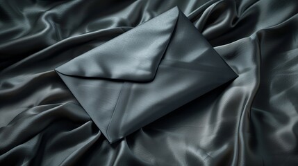 A luxurious black envelope lying on a richly textured satin cloth background.