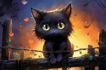 Black cat with a twilight sunset backdrop - A black feline with captivating large eyes sits on a fence at twilight, surrounded by hearts and glowing lights