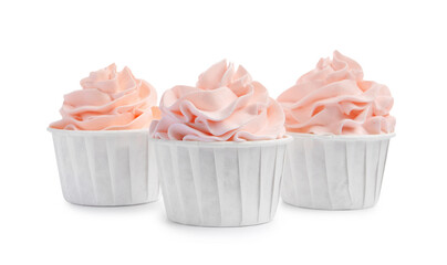 Tasty cupcakes with cream isolated on white