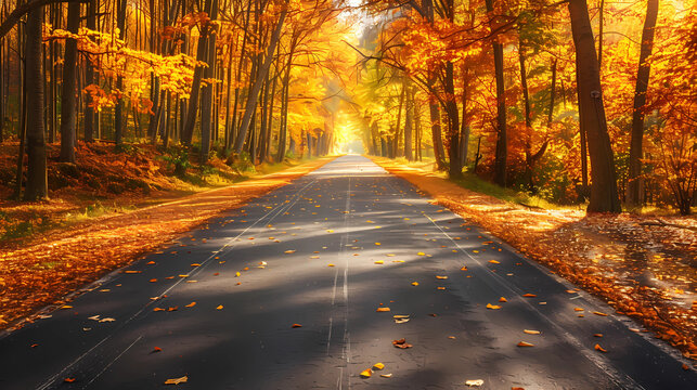 Peaceful road with autumn trees lining the road and sun shining through