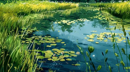 A painting of a pond with lily pads and grass. The mood of the painting is peaceful and serene