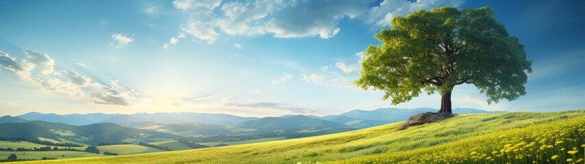 Obraz premium Scenic countryside landscape with lone tree on hill