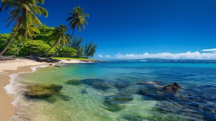 Obraz premium Tropical beach paradise with palm trees and crystal clear waters