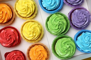 Many tasty cupcakes with colorful cream in box, top view