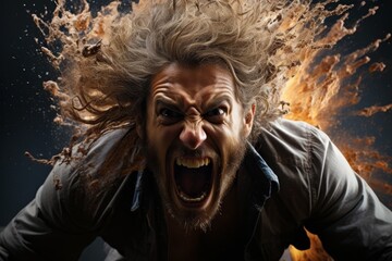 Angry man with wild hair and intense expression
