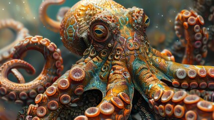 Obraz premium A colorful octopus with a blue eye stares at the camera. The octopus has a unique and intricate pattern on its skin, making it stand out from other sea creatures. Concept of wonder and curiosity