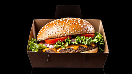 Hamburger with cheese, lettuce and tomato placed in a box on a black surface