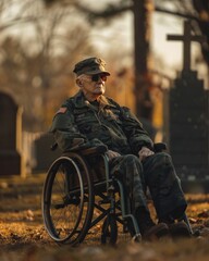 A old military man in wheelchair at the graveyard. - obrazy, fototapety, plakaty