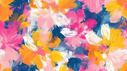 Seamless pattern of abstract painting with pink and yellow flowers, hand-drawn in impressionism style, offering a modern art background.