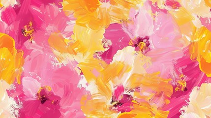 Seamless pattern of abstract painting with pink and yellow flowers, hand-drawn in impressionism style, offering a modern art background.