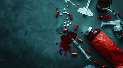 bag of blood, syringe and medicine background concept, with copy space. top view