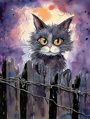 Watercolor cat peeking over a fence - A grey fluffy cat with striking yellow eyes sits behind a wooden fence with barbed wire under a purple sky