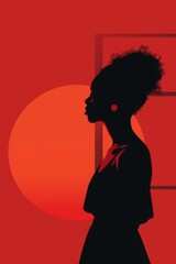 Striking silhouette of woman in profile against red background with geometric shapes, minimalism. Black american woman, fashion. Juneteenth freedom day, African-American Independence Day, June 19