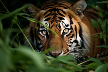 Captivating tiger in lush jungle foliage