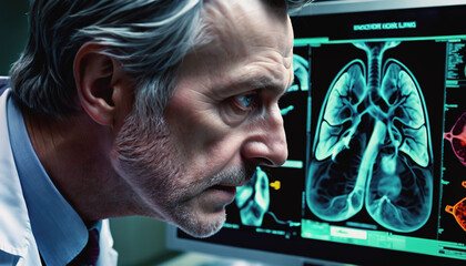 An experienced doctor looks at a lung scan. World Lung Cancer Day. the surgeon looks at the picture