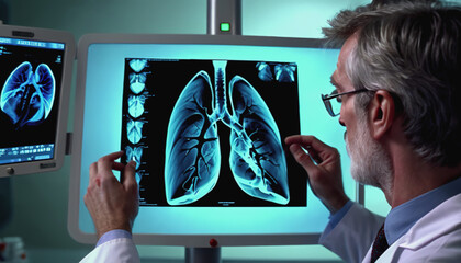 An experienced doctor looks at a lung scan. World Lung Cancer Day. the surgeon looks at the picture