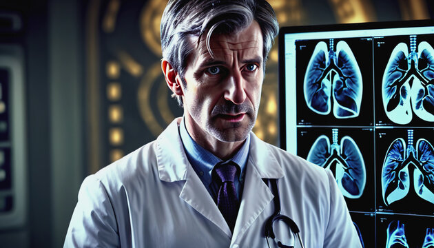 An experienced doctor looks at a lung scan. World Lung Cancer Day. the surgeon looks at the picture