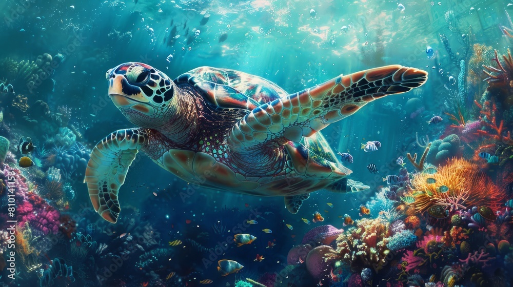 Wall mural A turtle swimming in the ocean with a variety of fish swimming around it. The image has a peaceful and serene mood, as the turtle is the main focus and the fish are swimming around it in a calm