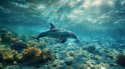 A dolphin swims in the ocean with the sun shining on it. The water is clear and the fish are...