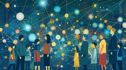 A group of people are standing in a room with a blue background. The people are holding hands and looking at something. Scene is one of curiosity and wonder