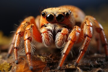 Extreme close-up of an orange spider with large eyes