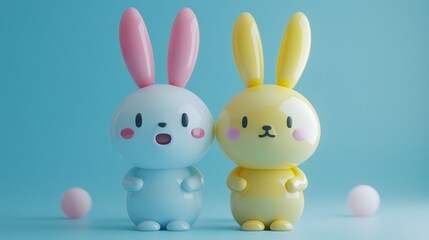 Fototapeta premium Two rabbits are standing next to each other on a blue background