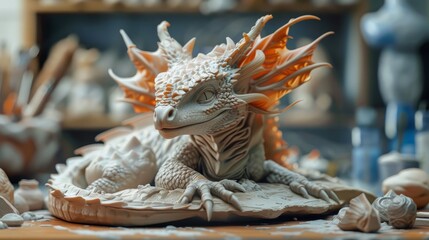 A white dragon with orange wings is sitting on a table. The dragon is made of clay and has a very realistic appearance. Scene is calm and peaceful, as the dragon is not in motion and is simply resting